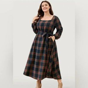 BLOOMCHIC NWT Square Neckline Long Sleeve Plaid Tartan Maxi Dress